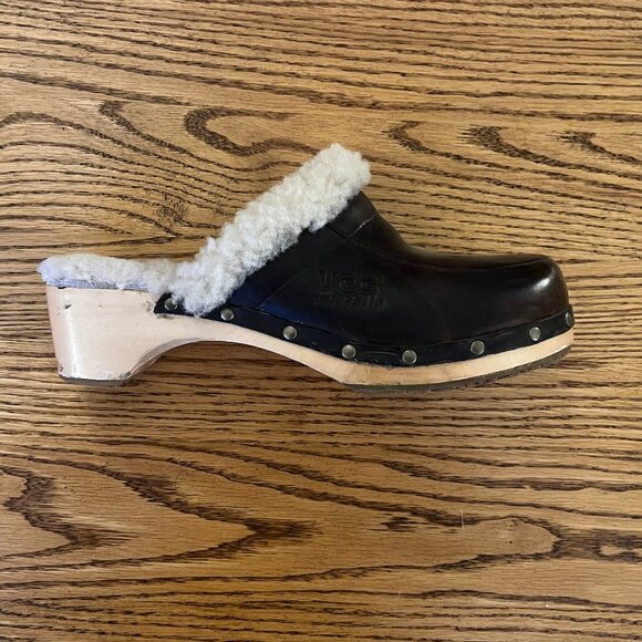 UGG Leather Shearling Fur Lined Wooden Clogs - Picture 8 of 10